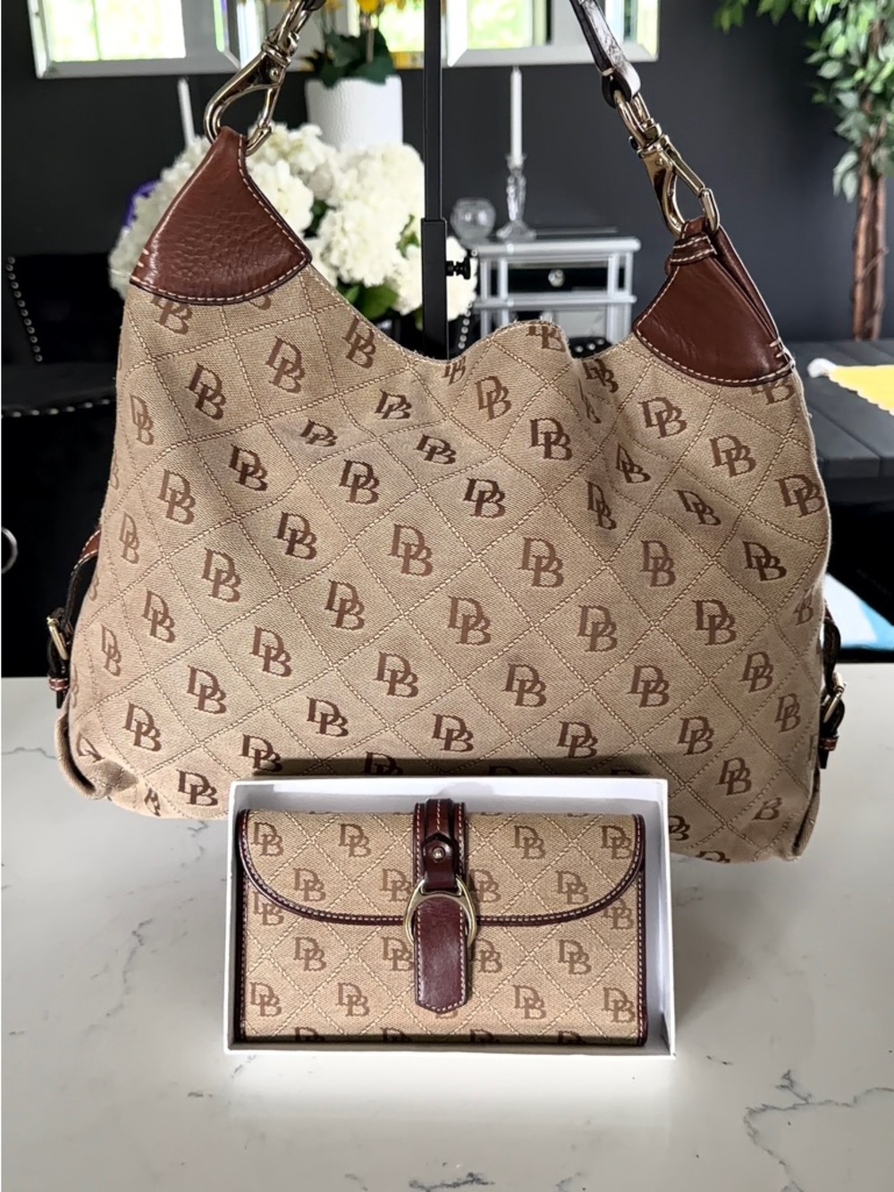 Dooney & Bourke Beige and Brown Signature Hobo with Matching Wallet